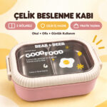 İki Bölmeli Çelik Beslenme Kabı Kaşıklı Okul ve Ofis Yemek Kutusu